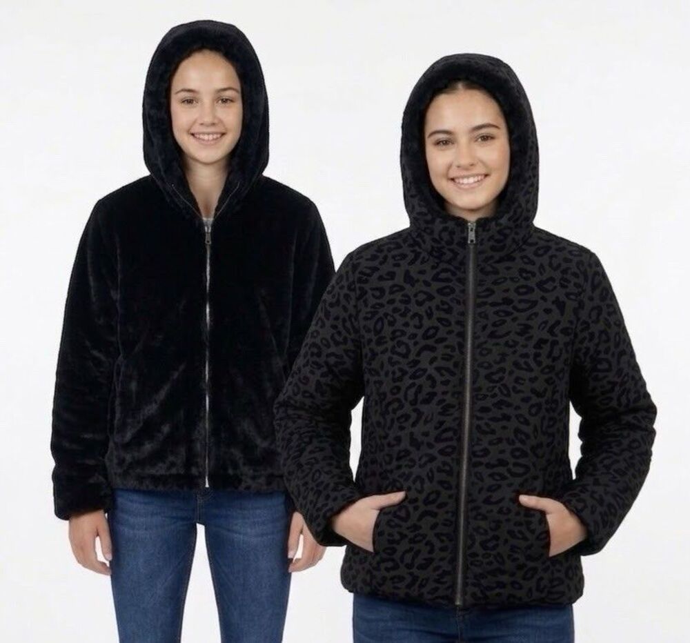 NWOT Pistachio Girls Reversible Hooded Jacket Faux Fur Black Leopard Size M 8/10